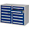 Blue and grey tool cabinet with drawers, one open.