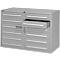 Grey tool cabinet with an open drawer. Silver handles, rectangular shape.