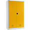 Yellow and white cabinet detail. Closed double doors, black handle, ventilation slots.
