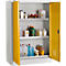Open, grey cabinet with yellow doors, filled with chemical bottles. Warning symbols clearly visible.