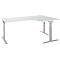 White L-shaped desk with height-adjustable silver legs. The desk has a rounded corner.