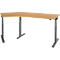 An L-shaped height-adjustable desk with a light brown tabletop and a gray frame.