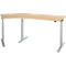 Corner desk, light wood, gray legs. The tabletop has a rounded corner.