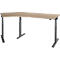 An ergonomic corner desk with height-adjustable feet. The table top is light, the legs are dark gray.