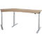 An adjustable corner desk made of light wood with gray legs, against a white background.