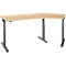 An L-shaped desk with a light brown tabletop and dark gray, height-adjustable legs.