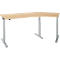 A height-adjustable, light-colored corner desk with silver-gray legs. The tabletop is slightly curved.