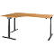A corner desk with a light brown wooden top and gray, adjustable legs.
