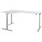 A white, corner desk with height-adjustable, silver-gray legs. The desk is placed against a white background.