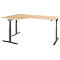 A beige corner desk with gray, height-adjustable legs. The tabletop has a wood grain.