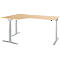 A light-colored corner desk with gray legs that are adjustable in height.