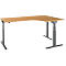 Corner desk with light brown tabletop and gray, height-adjustable frame.
