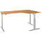 A light-colored, corner desk with height-adjustable, silver-colored legs. The tabletop is made of light wood.
