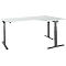 Corner desk, white, height adjustable, with gray metal legs.