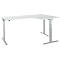 A white, L-shaped standing desk with silver, height-adjustable legs, set against a white background.
