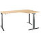 An ergonomic, height-adjustable corner desk with a light wood top and gray metal legs.