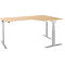 L-shaped desk in light wood with gray, height-adjustable frame. The tabletop has a rounded corner.
