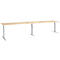 A long, height-adjustable desk. The light-colored tabletop is supported by silver legs.