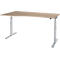 A bright, height-adjustable desk with a wooden top and silver legs.