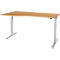 A height-adjustable desk with a light brown tabletop and light gray legs.