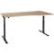 An adjustable-height desk with a light brown tabletop and gray-black legs.
