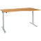 A light brown height-adjustable desk with silver legs. The tabletop has a slight curve.