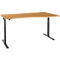 A height-adjustable desk with a light brown tabletop and gray legs. The tabletop has a slight curve.