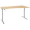 Height-adjustable desk made of light wood, with silver legs, on a white background.