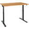 A height-adjustable desk with a light brown tabletop and black legs. The height can be adjusted.