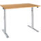Light brown, rectangular desk with silver height-adjustable legs. The tabletop is edged by a light background.