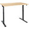 An adjustable height desk with a light brown tabletop and dark gray legs. The desk legs are rectangular.