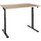 Height-adjustable desk, wooden top, dark metal legs, white background.