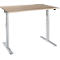 A light-colored, height-adjustable desk. Light brown tabletop, silver frame. Controls on the tabletop.