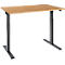 An adjustable wooden desk with dark metal legs. The tabletop is light brown, the legs are dark grey.