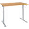 Light brown height adjustable desk. The tabletop is rectangular and stands on two gray legs.
