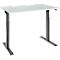 A height-adjustable desk with a white tabletop and gray legs against a white background.