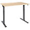 An adjustable desk with a light wood top and gray legs on a white background.