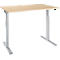 An adjustable height desk with a light brown table top and silver legs, set against a white background.