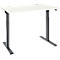 A height-adjustable desk. White tabletop, gray legs, and control elements.