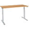 An adjustable-height desk with a light brown tabletop and silver legs.