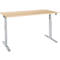 An adjustable-height desk, light brown table top and gray metal legs, on a white background.
