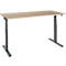 Height adjustable desk, light brown tabletop, dark gray frame, isolated.