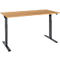 A height-adjustable desk with a light brown tabletop and black legs.