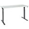 A white, height-adjustable desk with black legs. The tabletop is rectangular and has rounded corners.