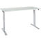 White height-adjustable desk. Tabletop, frame, and feet are light grey.