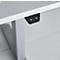 Black control panel with arrow buttons on a white desk edge. The arrows point up and down.