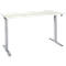 A white height-adjustable desk with gray legs, against a white background.