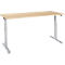 A height-adjustable desk made of light wood and silver legs stands against a white background.