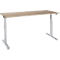 An adjustable height desk with light wood top and gray metal legs, against a white background.