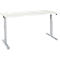 A white, height-adjustable desk with silver legs. The tabletop is rectangular.